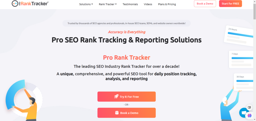 Pro Rank Tracker SEO Agency Rank Tracking Reporting Tool - CyberNaira The Pro Rank Tracker website homepage featuring the headline "Pro SEO Rank Tracking & Reporting Solutions." The layout displays a central call-to-action with two prominent orange buttons: "Try It For Free" and "Book a Demo." Text on the page highlights the tool as a comprehensive solution for daily position tracking, analysis, and reporting, trusted by thousands of agencies and professional SEO teams.