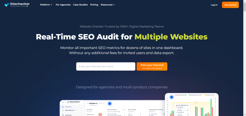 SiteChekcer SEO audit tool - CyberNaira The Sitechecker homepage featuring a dark blue hero section with the headline "Real-Time SEO Audit for Multiple Websites." The interface includes a domain name entry field, a "Start your free trial" button, and a sub-headline stating that the tool monitors metrics for dozens of sites without additional fees for data export.