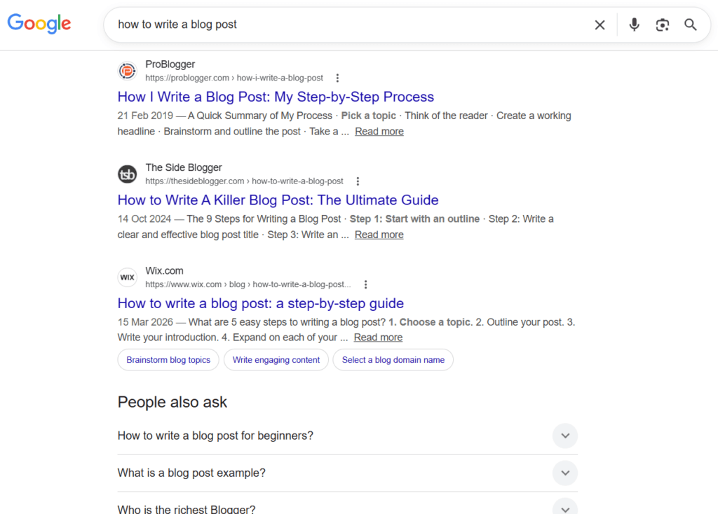 Google search results page for the keyword "how to write a blog post" showing top ranking competitor articles.