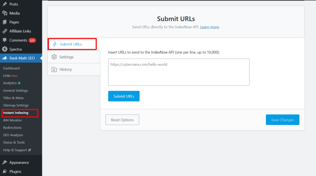 Rank Math SEO Instant Indexing panel showing the Submit URLs interface for sending pages directly to the IndexNow API.