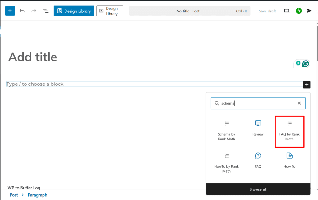 WordPress block editor showing schema block search results with FAQ by Rank Math block highlighted.