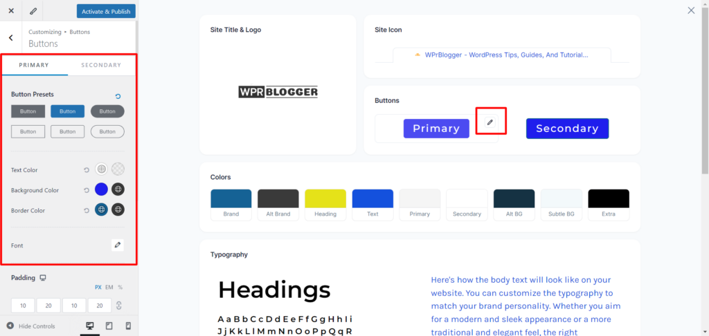 Astra button setting and pencil icon - CyberNaira A screenshot of the button customization interface in the Astra WordPress theme. The left sidebar, highlighted with a red border, displays the "Primary" button settings, including six different "Button Presets" for shape and style, as well as color selectors for text, background, and borders. At the bottom of the sidebar, padding controls are visible with values set to 10px and 20px. The main preview window shows a live style guide where a red box highlights a pencil icon next to the "Primary" button, indicating direct on-screen editing capabilities. The preview also features the global color palette and typography examples to ensure design harmony.
