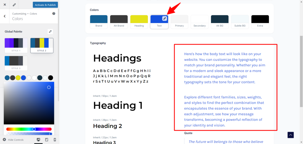 Astra text color change - CyberNaira A screenshot of the Astra WordPress theme customizer showing the "Global Palette" editor and a live design preview. The left sidebar contains a color picker tool currently selecting a blue shade, which is being applied to the "Text" color role. A red arrow points to the blue "Text" swatch in the upper preview area. The main window demonstrates the real-time effect of this change, with the body copy in the typography section—outlined by a red box—now appearing in the same blue font color.