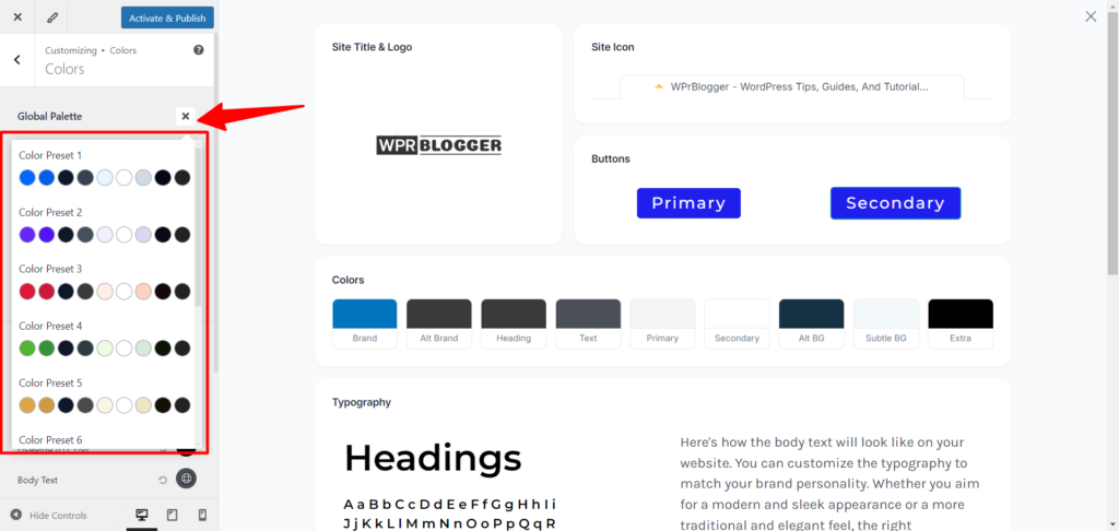 Astra theme color preset Global color palette - CyberNaira A screenshot of the Astra WordPress theme customizer highlighting the "Global Palette" color preset options. The left sidebar, outlined in red, displays a scrollable list of six different color presets (Color Preset 1 through Color Preset 6), each showing a row of eight color swatches representing the brand, text, and background variations. A red arrow points to the close "X" icon next to the Global Palette heading. The main preview window displays a live style guide including the site logo for "WPr Blogger," primary and secondary button styles, and a comprehensive typography section with various heading levels.