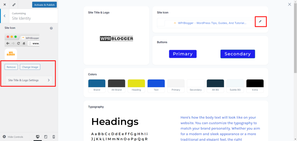Astra theme site icon setting - CyberNaira A screenshot of the "Site Identity" section in the Astra WordPress theme customizer. The left sidebar, highlighted with a red border, shows the "Site Icon" configuration where users can remove or change the image used for browser tabs and app icons. A small preview shows a yellow "WPr Blogger" icon. In the main style guide preview, a red box highlights a pencil icon next to the "Site Icon" display, allowing for quick access to these branding settings.