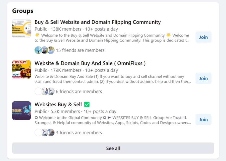 Examples of Facebook dedicated to buying and selling of website and domain flipping