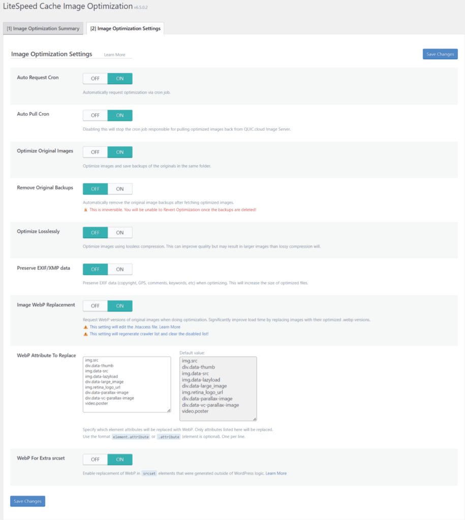 LiteSpeed Cache Image Optimization settings page in WordPress showing options for Auto Request Cron, Auto Pull Cron, Optimize Original Images, and Image WebP Replacement all set to ON.