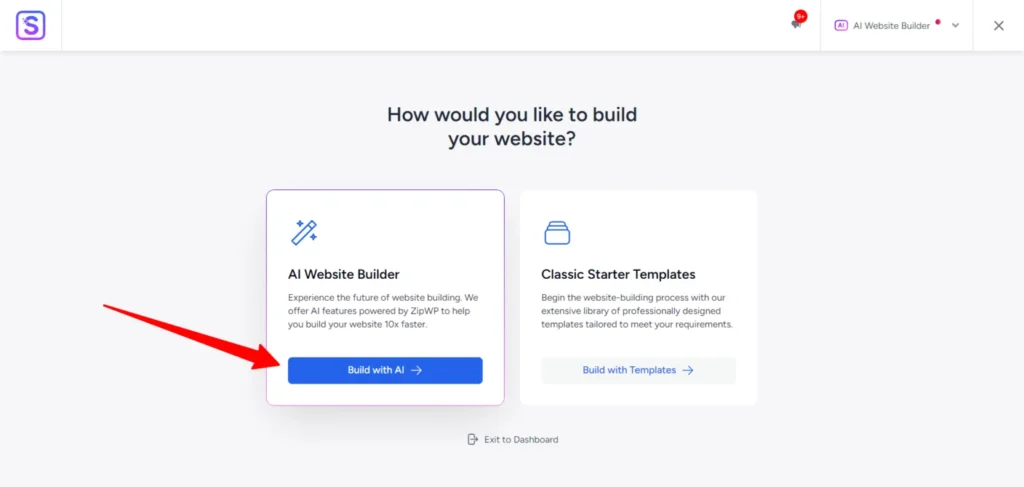 Astra Starter Templates screen offering two website building options — AI Website Builder powered by ZipWP and Classic Starter Templates — with a red arrow pointing to the Build with AI button.