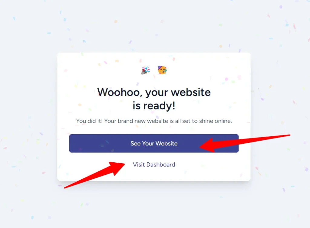 ZipWP AI website builder success screen confirming the website is ready with options to view the site or visit the dashboard.