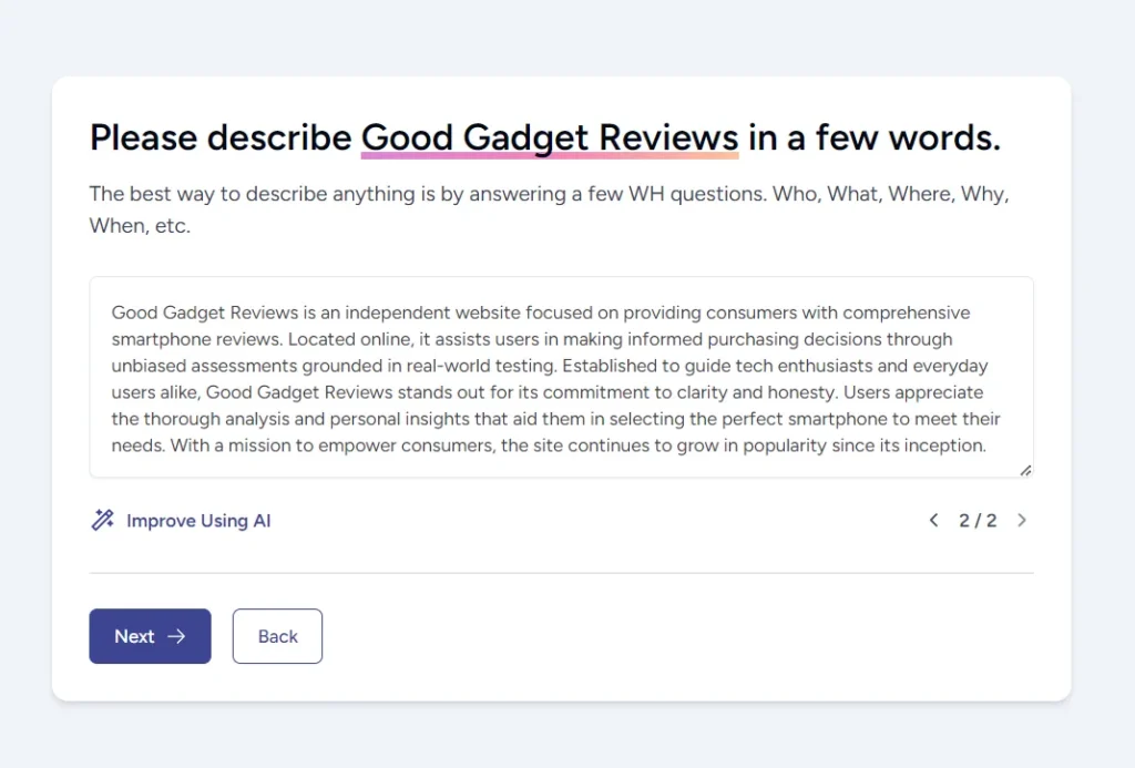 ZipWP AI website builder step asking users to describe their business in their own words to generate website content automatically.