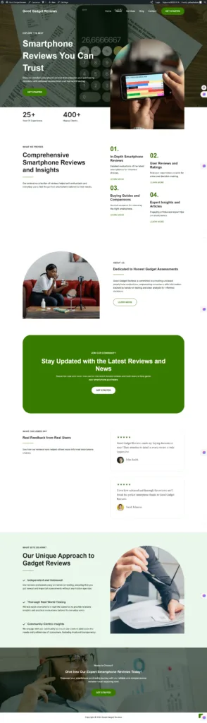 Full page view of a complete WordPress website generated by ZipWP AI builder for a smartphone reviews blog.