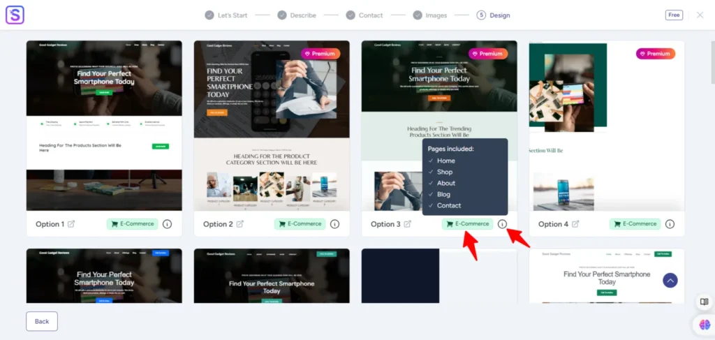 ZipWP AI website builder design step showing e-commerce template options with a tooltip revealing the pages included in each theme.