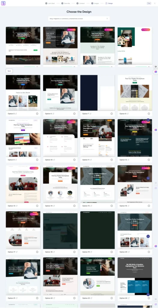 ZipWP AI website builder design selection screen showing multiple AI generated WordPress website template options to choose from.