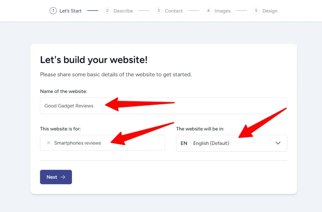 ZipWP AI website builder setup form where users enter their website name, purpose, and preferred language to get started.