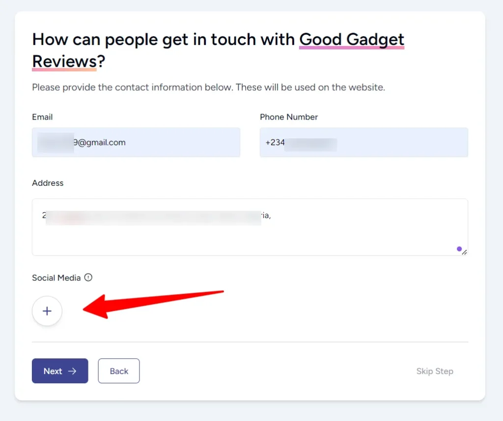 ZipWP AI website builder contact details step where users enter their email, phone number, address, and social media links.