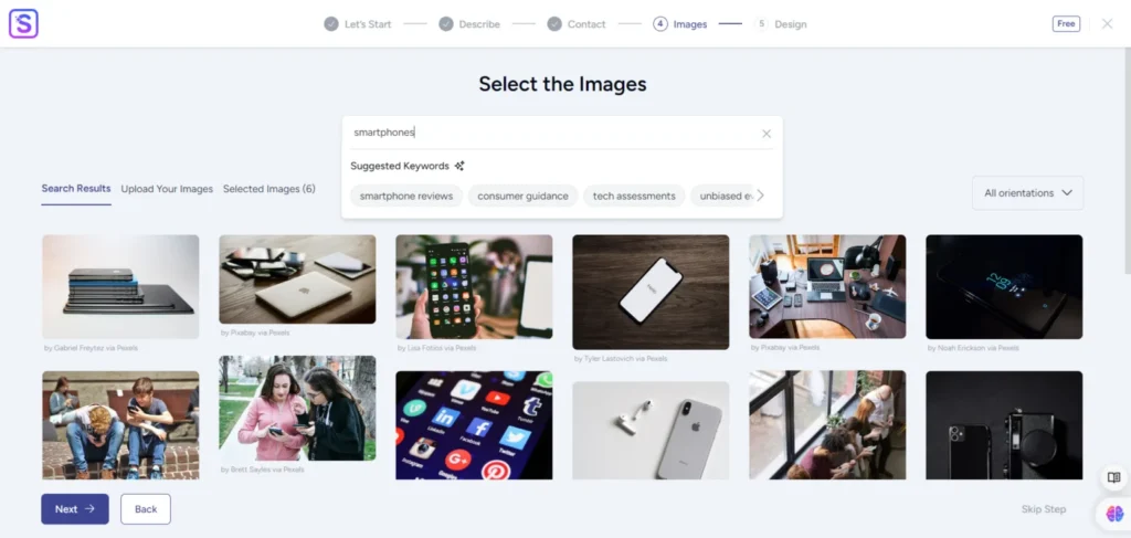 ZipWP AI website builder image selection step where users can search and choose stock photos or upload their own images for their website.