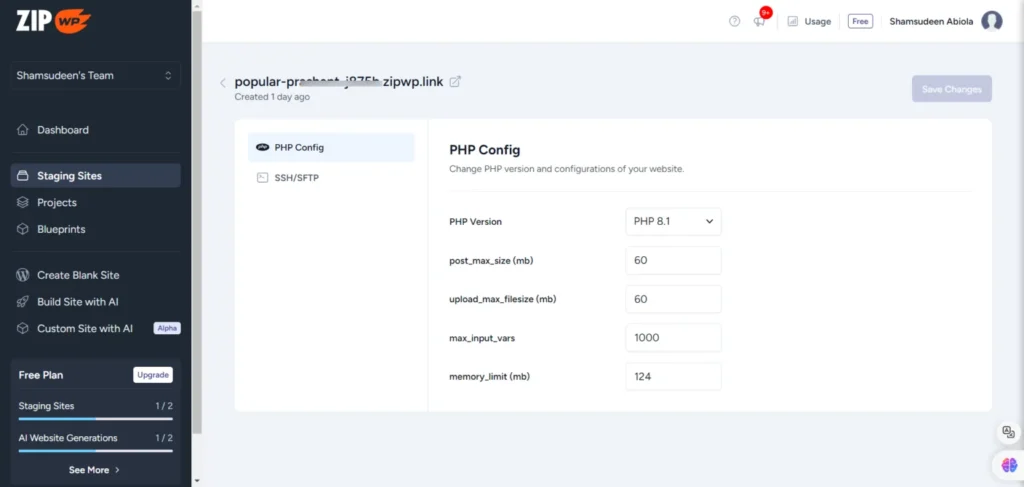 ZipWP dashboard showing the PHP Config settings panel for configuring PHP version and server parameters for a staging website.