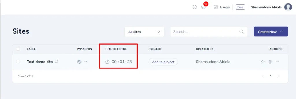 ZipWP dashboard showing a temporary staging site with a countdown expiration timer highlighted in red.