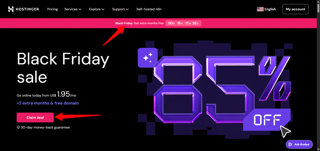 Hostinger Black Friday landing page - CyberNaira Hostinger Black Friday sale page showing 85% off hosting plans and starting price of $2.49 per month
