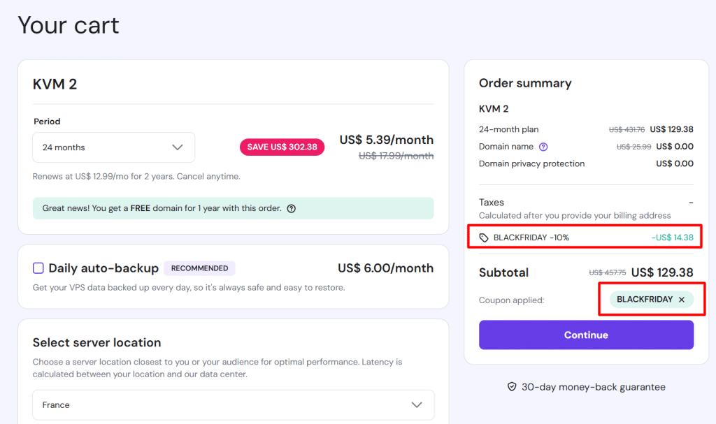 Hostinger Cart with discount code applied - CyberNaira Hostinger checkout Cart with 10% code applied and the purchase details