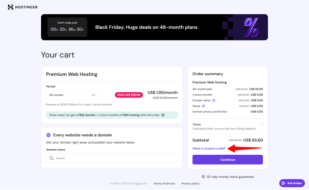Hostinger Have a coupon code question on the checkout page - CyberNaira Hostinger's premium web hosting plan cart page with the option to apply coupon code and the hosting purchase details