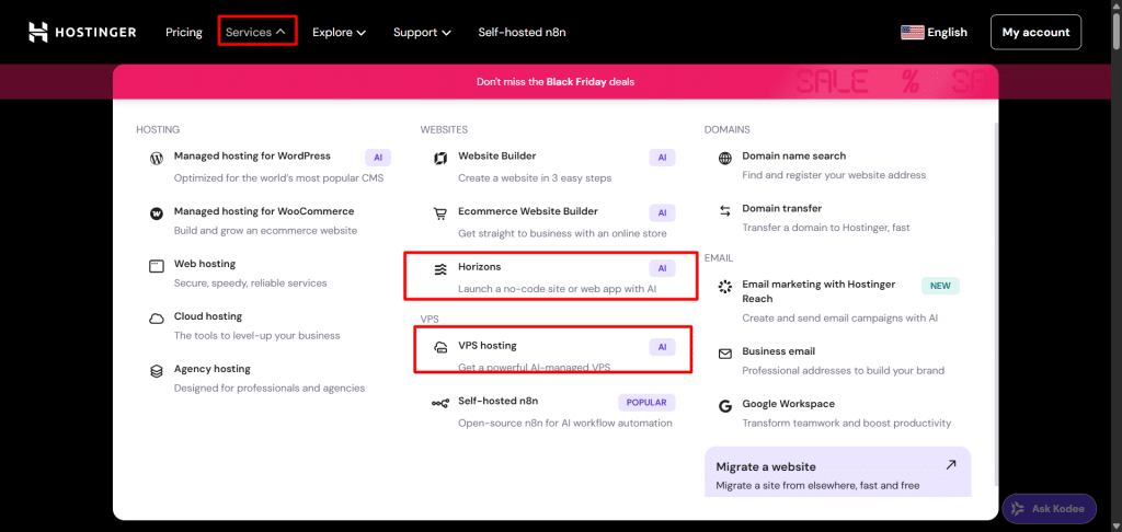 Hostinger drop down menu for Services - CyberNaira Dropdown navigational menu showing a list of Hostinger hosting plans, website builders, and domain name services