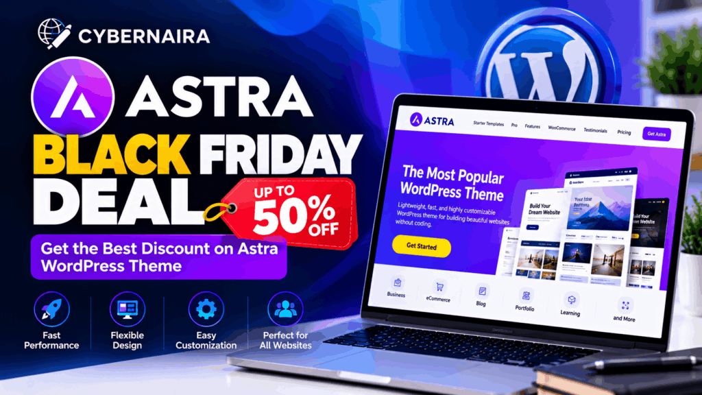 astra theme black friday deal and discount Laptop displaying Astra WordPress theme homepage alongside Black Friday discount tags and feature icons.