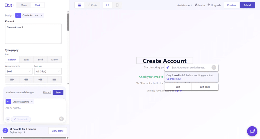 b12 ai visual website editor screen B12 AI visual editor showing the Create Account page with live editing tools, AI assistant, typography settings, and preview mode.