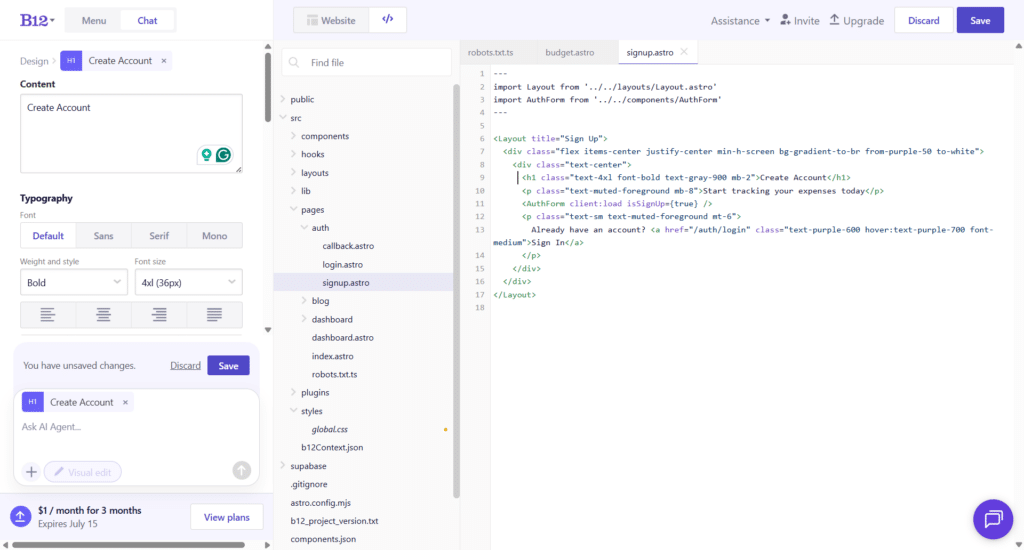 b12 ai website editor dashboard code view B12 AI editor interface showing the visual editor, code editor, project file structure, and signup page source code for website customization.