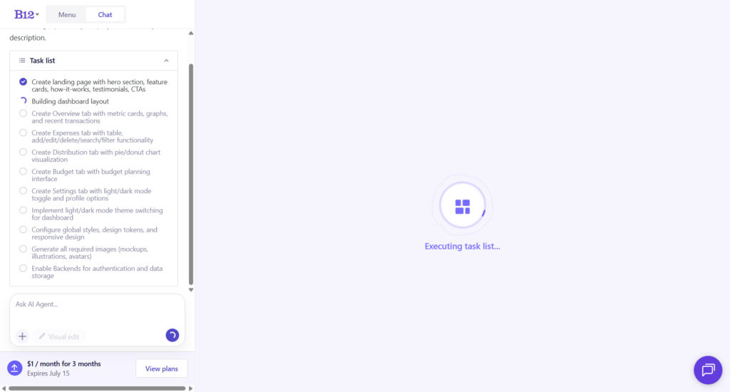 b12 ai website generation task progress B12 AI website builder executing a project task list while generating a website, showing progress on dashboard layout, landing page, and feature development.