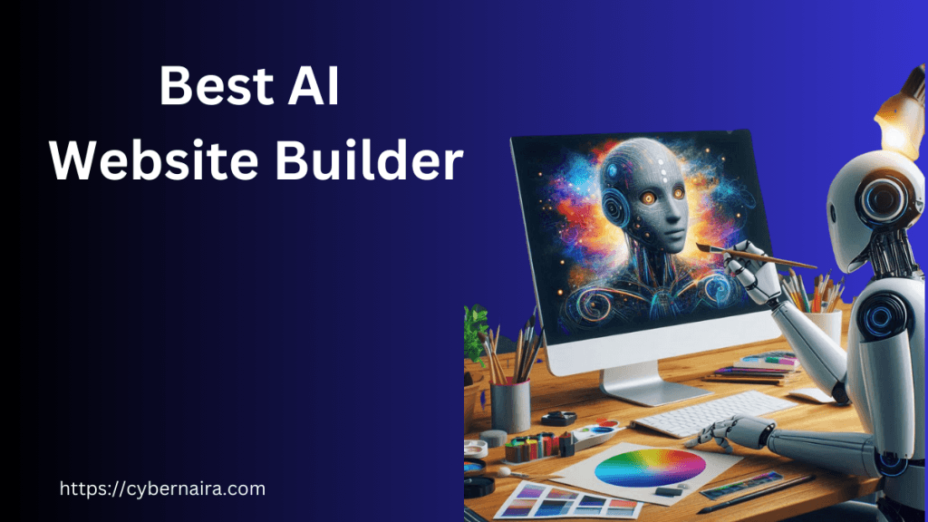 Robot using a paintbrush to design a glowing digital portrait on a computer screen under "Best AI Website Builder" text.
