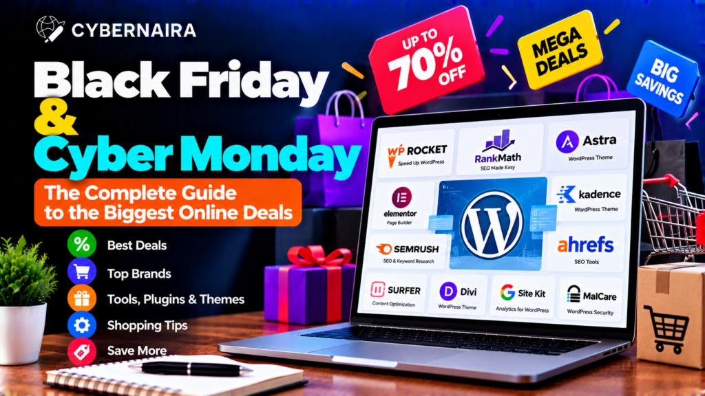 black friday and cyber monday deals Laptop screen showcasing WordPress tools plugins and themes alongside discount tags and shopping bags.