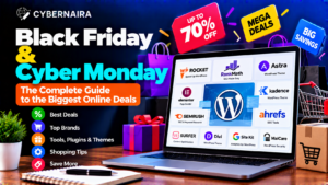 Laptop screen showcasing WordPress tools plugins and themes alongside discount tags and shopping bags.