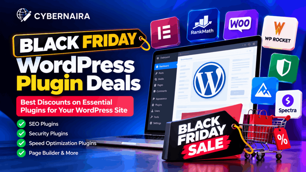 black friday wordpress plugin deals best discounts Laptop displaying WordPress dashboard surrounded by popular plugin icons and Black Friday sale banner.