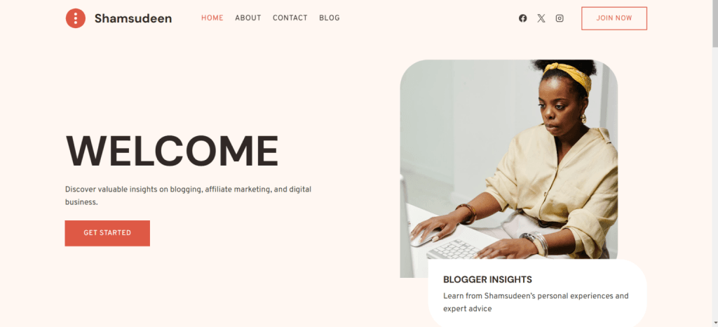 Kadence theme website homepage for Shamsudeen featuring a woman working on a laptop and a "WELCOME" headline.