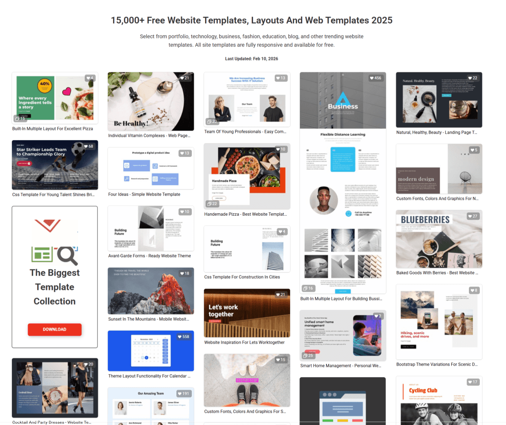 Grid of free website templates for business, fashion, and technology portfolios on Nicepage.