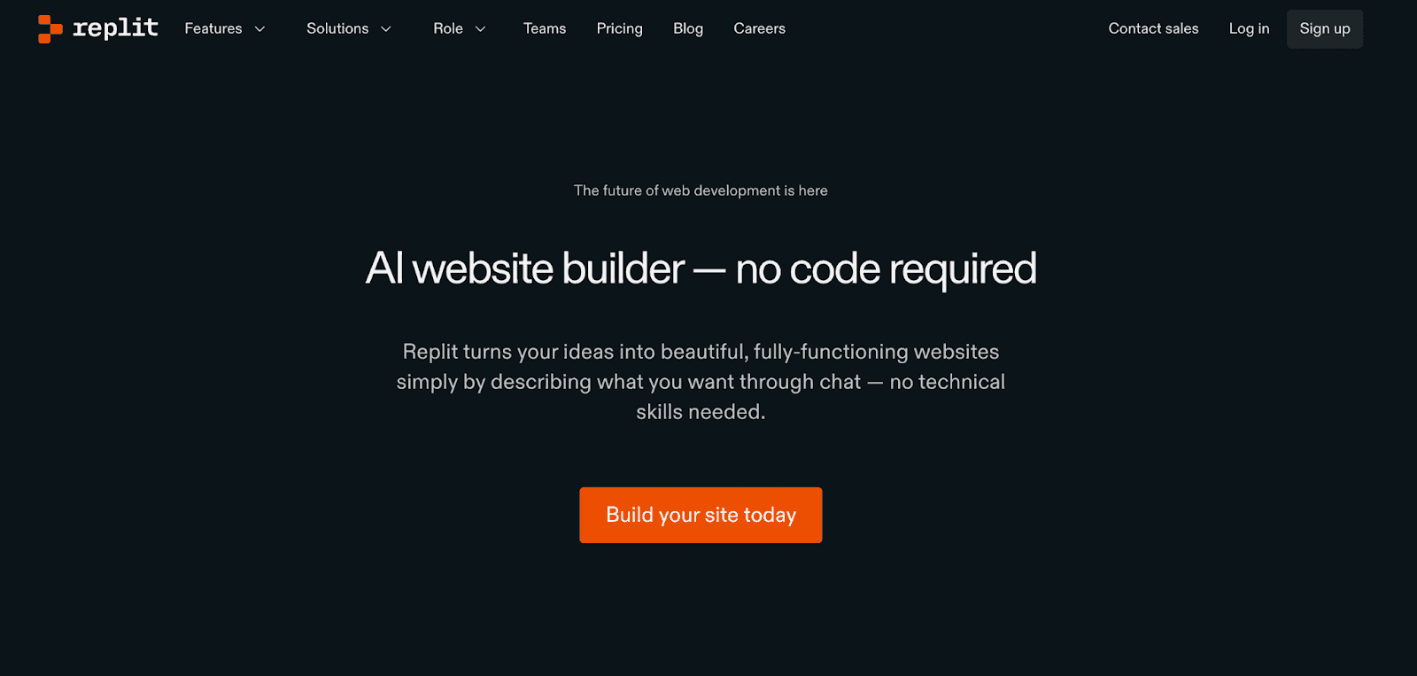 Replit homepage featuring "AI website builder — no code required" headline with a "Build your site today" orange button.