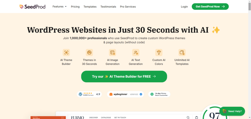 SeedProd homepage featuring "WordPress Websites in Just 30 Seconds with AI" headline and icons for AI theme builder and text generation.