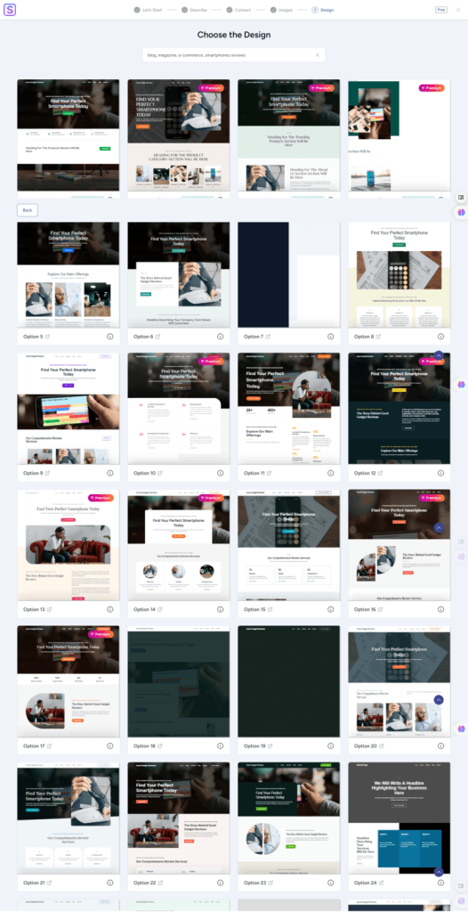 Grid of twenty-four AI generated WordPress website design templates for smartphone reviews.