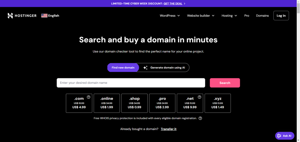 Hostinger domain name search landing page - CyberNaira Hostinger domain name search landing page