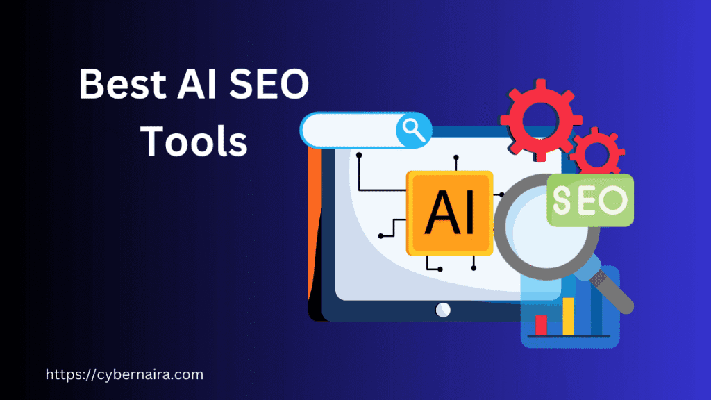 Best AI SEO tools illustration showing artificial intelligence and search engine optimization concept with magnifying glass, gears, and analytics dashboard.