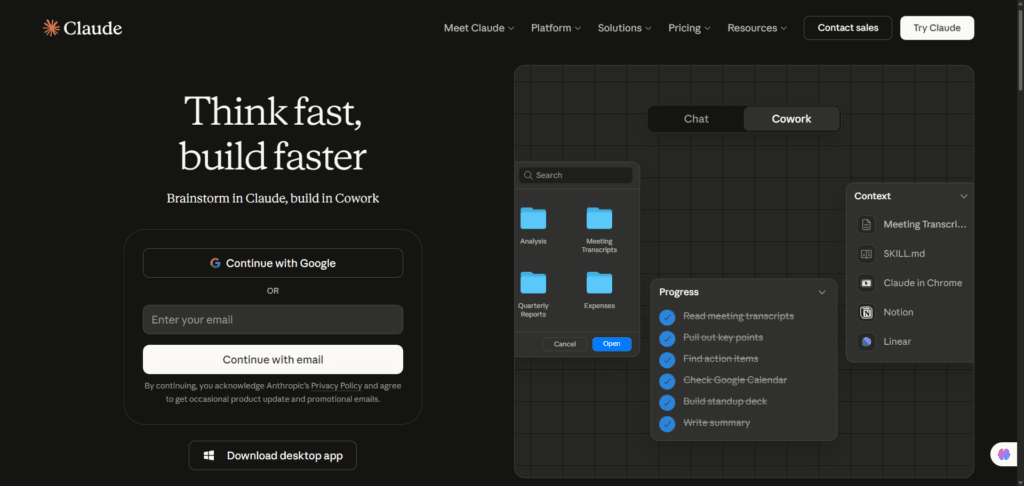 Claude AI homepage showing signup options, Google login button, email signup form, and workspace interface preview for chat and cowork features.