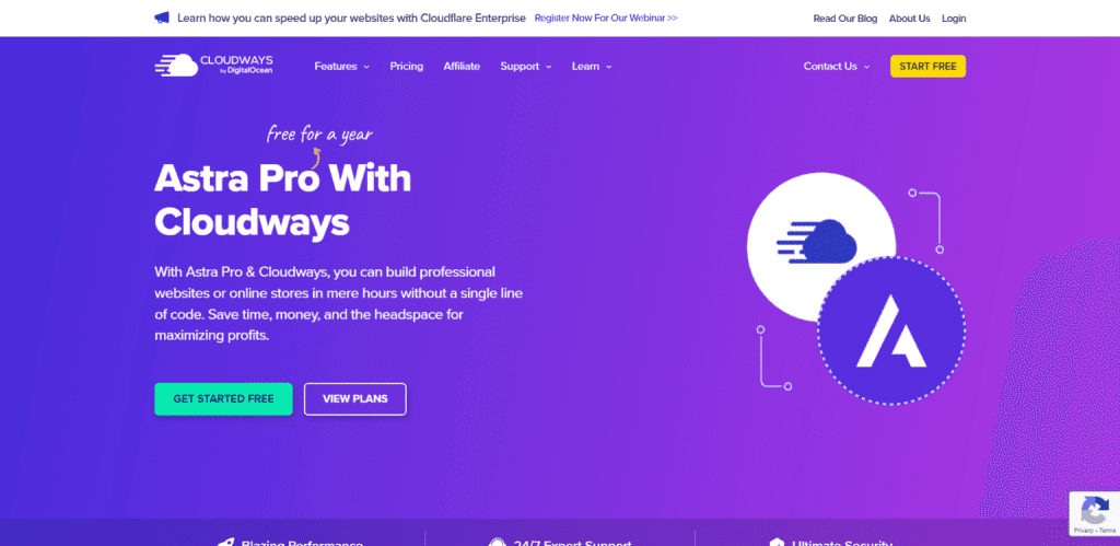 cloudways astra pro free offer Cloudways landing page showing a free one-year Astra Pro offer with cloud hosting features and a get started button.