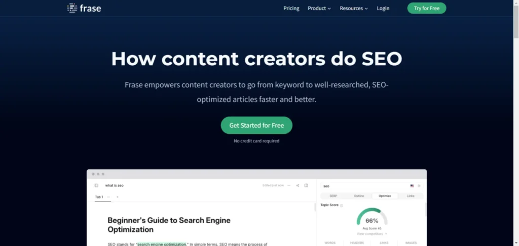 Frase AI homepage showing SEO content optimization platform that helps creators research, write, and optimize articles faster.