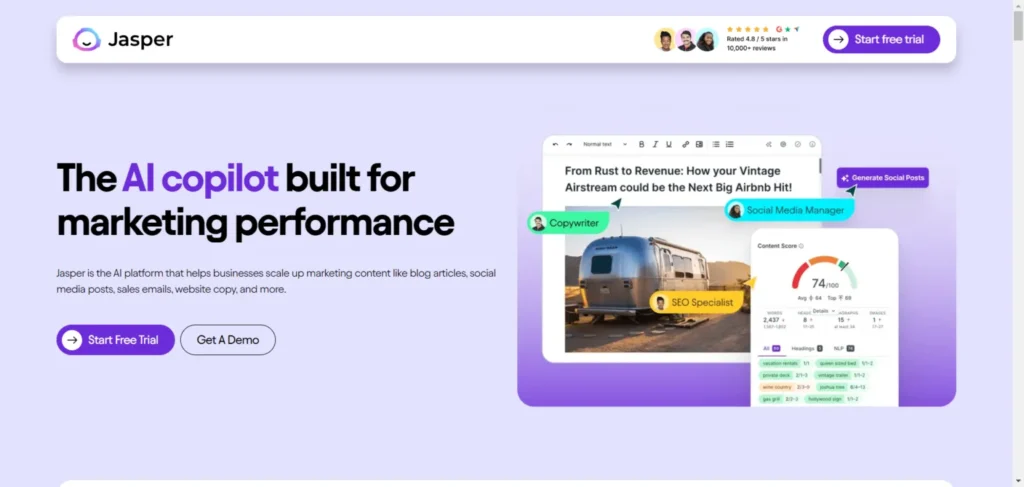 Jasper AI homepage showing AI copilot for marketing content creation including blog posts, social media content, and SEO optimization tools.