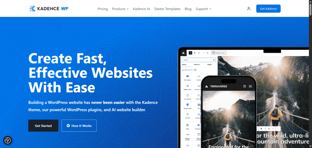 Kadence WP homepage showing WordPress theme and AI website builder interface for creating fast and professional websites easily.