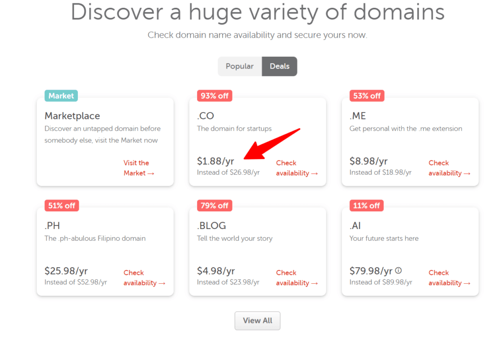 Namecheap domain deals page showcasing discounted prices for .CO, .ME, .PH, .BLOG, and .AI extensions.