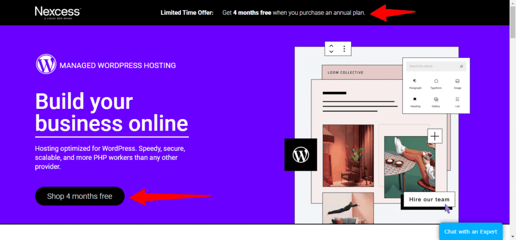 nexcess wordpress hosting offer landing page Nexcess landing page showing a managed WordPress hosting offer with 4 months free on annual plans and a shop button.