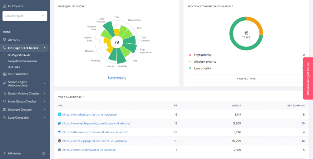 se ranking on page seo checker audit 1 An On-Page SEO Checker dashboard in SE Ranking featuring a page quality score of 79, a breakdown of 15 optimization tasks, and a competitive comparison table analyzing word counts and referring domains for top-ranking URLs.