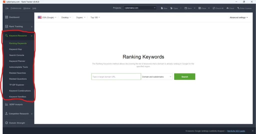 SEO PowerSuite Rank Tracker keyword research menu showing ranking keywords and keyword analysis tools.